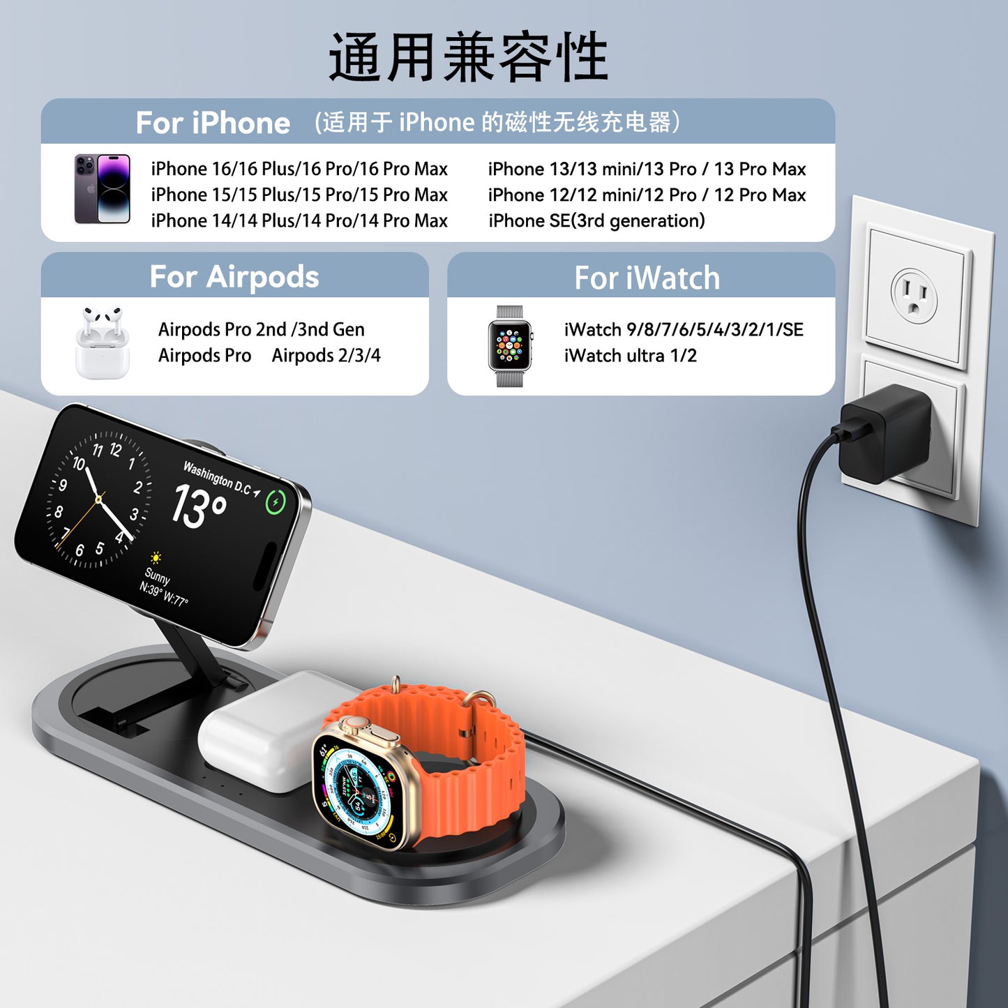 New folding wireless charger 3-in-1 wireless charging magnetic mobile phone watch earphone desktop charger